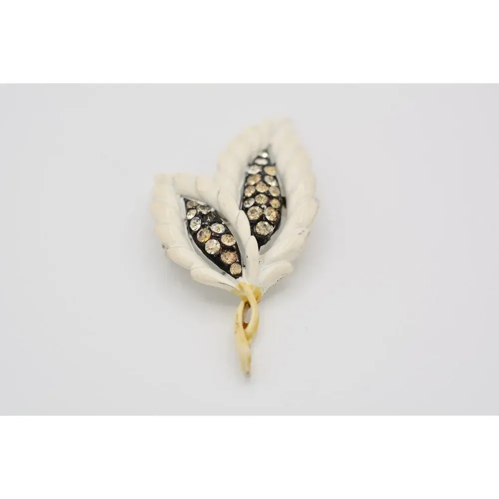 Vintage Leaf Pin Brooch Rhinestone Crystal White Enamel Chunky 1990s BinAT